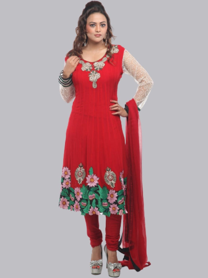 Red Net Patchwork Churidar  Suit With Net Dupatta