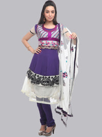 Purple & White Frock Style Embellished Georgette Suit Set With Net Dupatta