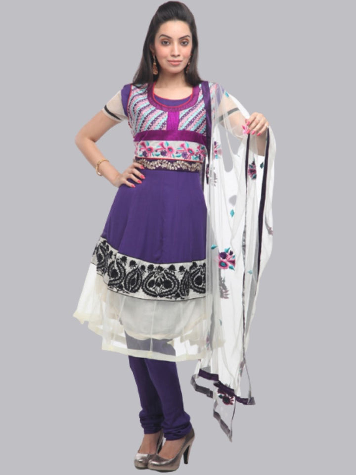 Purple & White Frock Style Embellished Georgette Suit Set With Net Dupatta