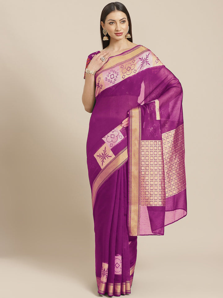 Banarasi Chanderi Heritage Of India Checked Saree with Gold Silver Geometrical Pattern