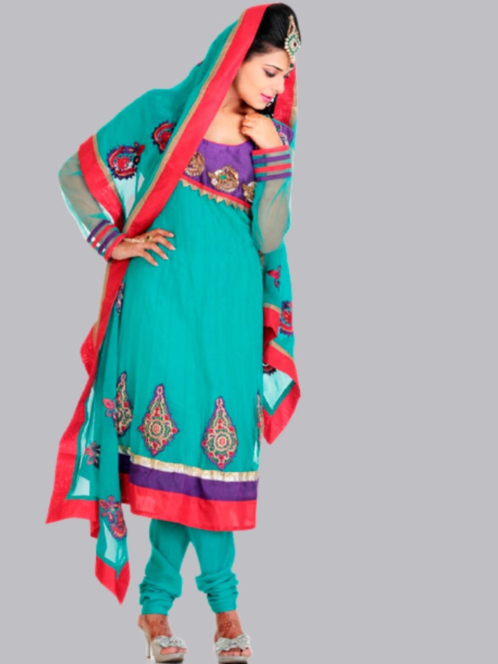 Turquoise Net Patchwork Churidar  Suit With Net Dupatta