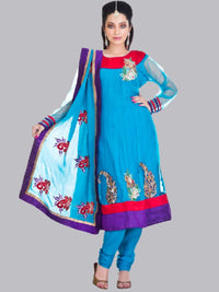 Blue Net Hand Embroidered Churidar Suit With Net Dupatta