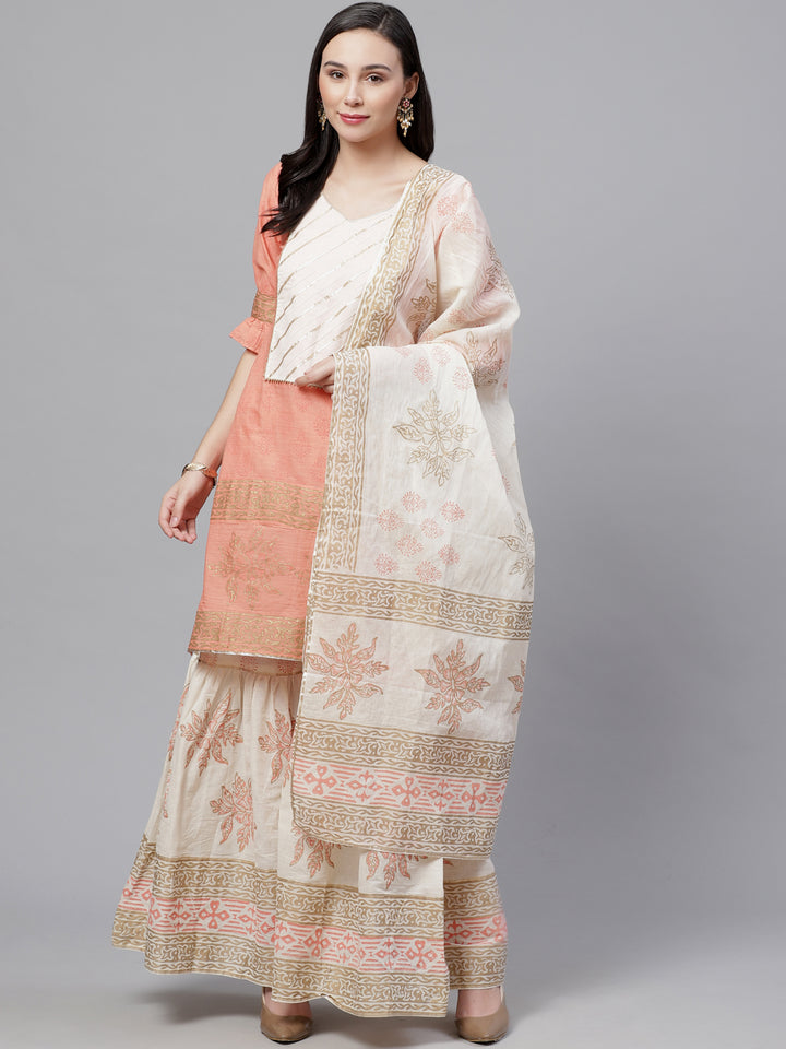 Pure Cotton Cambric Block Printing Stitched Suit with Gotta-Patti Embroidery & Sharara