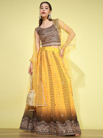 Chhabra 555 Ombre Resham & Sequin Embroidered Georgette Pleated Lehenga Set with Chevron Print