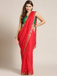 Chhabra 555 Red Chiffon Hand-dyed saree with Gota patti embroidered border