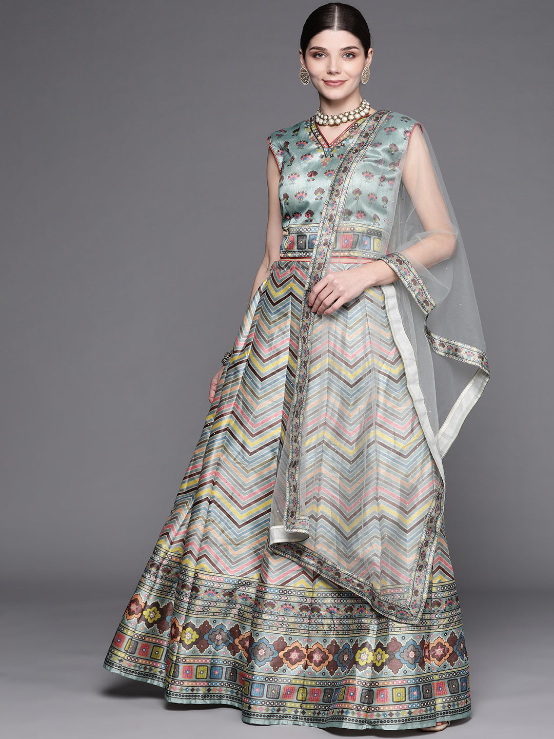 Chhabra555 Made to Measure Ice Blue Geometric Print Silk Crop-Top Skirt Set with Embellished dupatta