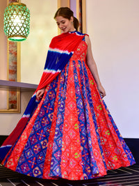 Coral Red Digital Print Kalidar Long Gown With Dyed Dupatta