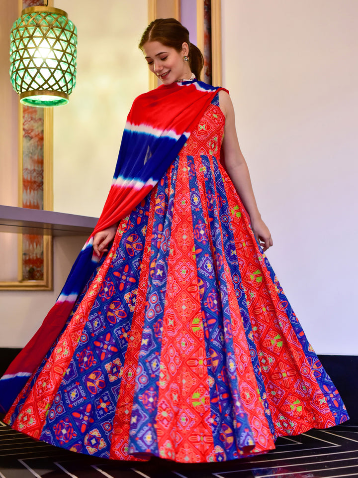 Coral Red Digital Print Kalidar Long Gown With Dyed Dupatta