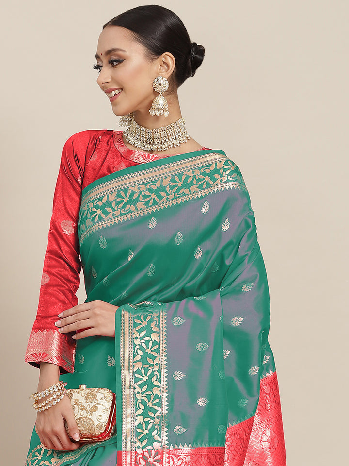 Chhabra 555 Floral Ethnic Motifs Banarasi Silk Saree with Contrast Pallu & Jhalar Tassels