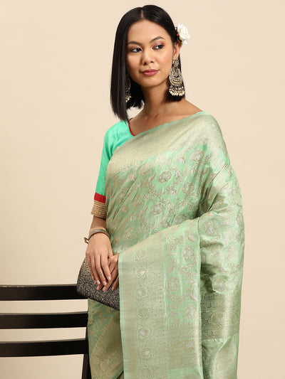 Chhabra 555 Pastel Sea Green Paisley Motifs Zari Handloom Jute Silk Traditional Saree & Tassels 