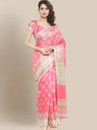 Pastel Pink Bhagalpuri Silk Saree with Floral jute finish print