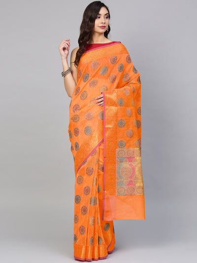 Chhabra 555 Orange Banarasi Chanderi Silk saree with Handloom Floral Meenakari motifs
