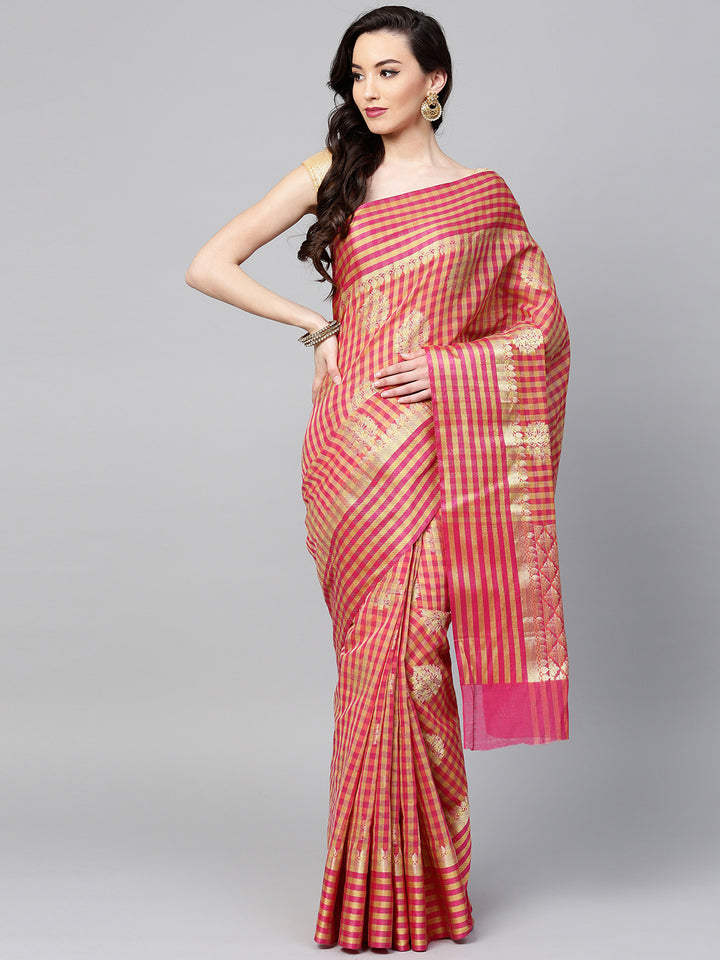 Pink Chanderi Silk saree with checkered print and Zari handloom motifs
