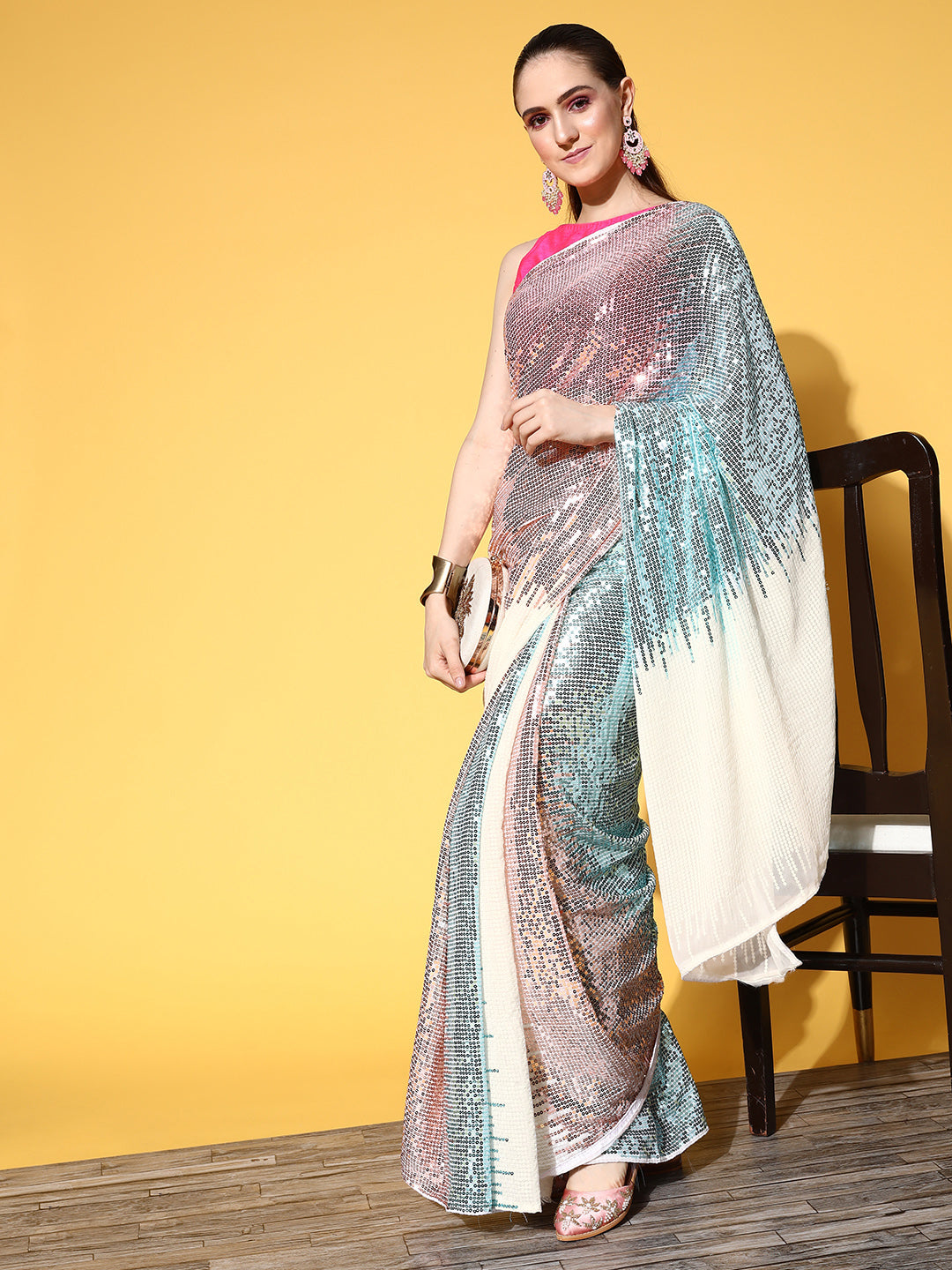 Chhabra 555 Off White Ombre Metallic Sequence Embellished Party Wear Georgette Cocktail Saree 