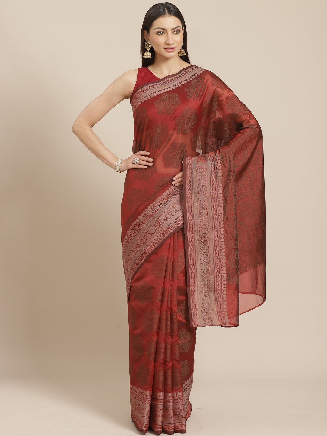Maroon Banarasi Silk Self-Embossed Saree with Ethnic FLoral Motifs in Oxidised Zari