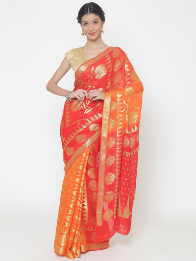 Chhabra 555 Mysore Georgette Orange to Red ombre dyed saree with floral and temple weaved motifs