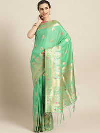 Chhabra 555 Green Banarasi Handloom Silk Saree with Floral Meenakari pattern and Jhalar
