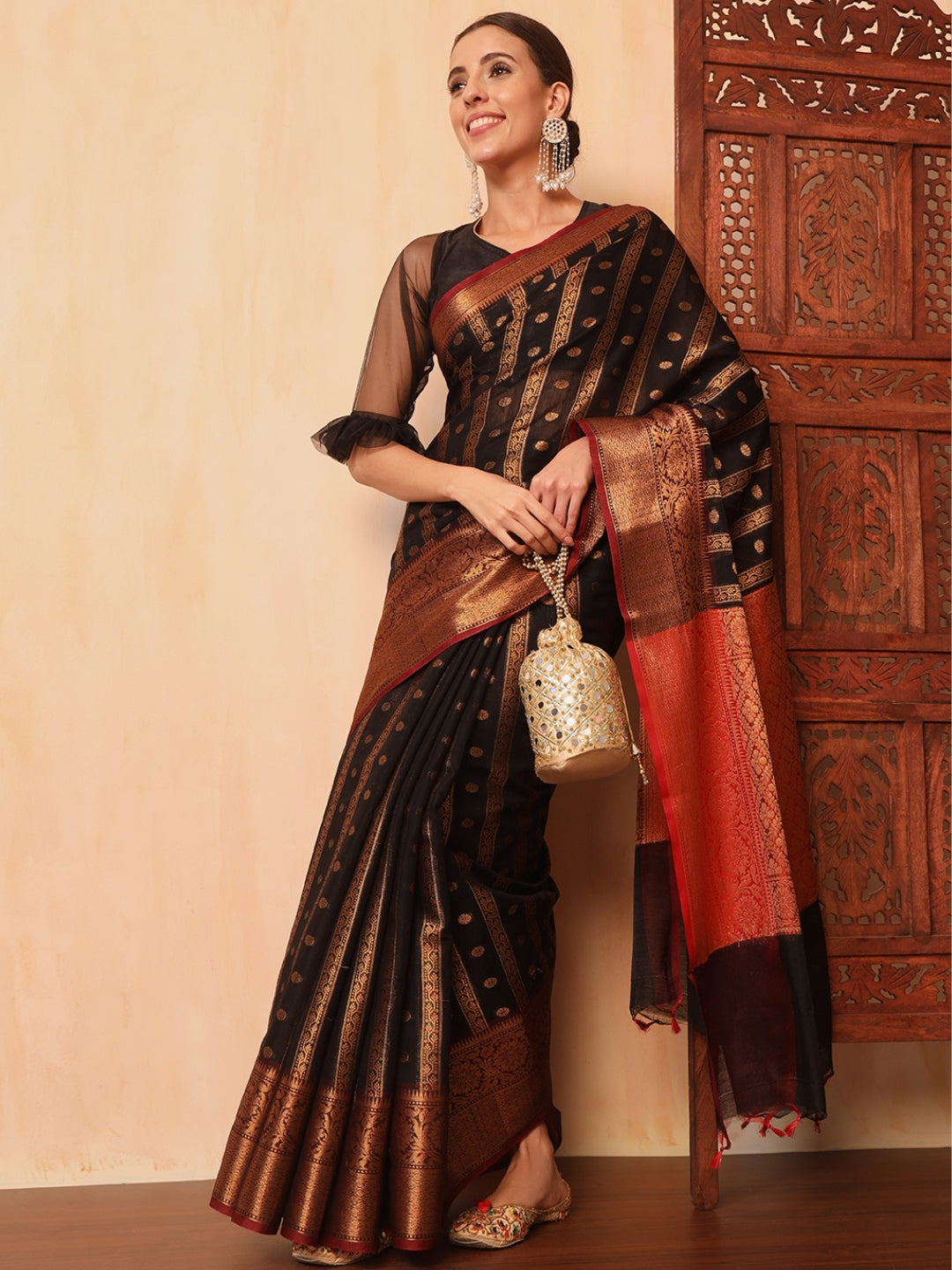 Chhabra 555 Black Banarasi Chanderi Saree with Striped Oxidised Zari Weaving