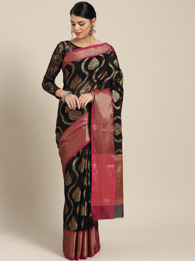 Chhabra 555 Black Chanderi Silk saree with Resham and Zari Meenakari weaving and Contrast Pink border