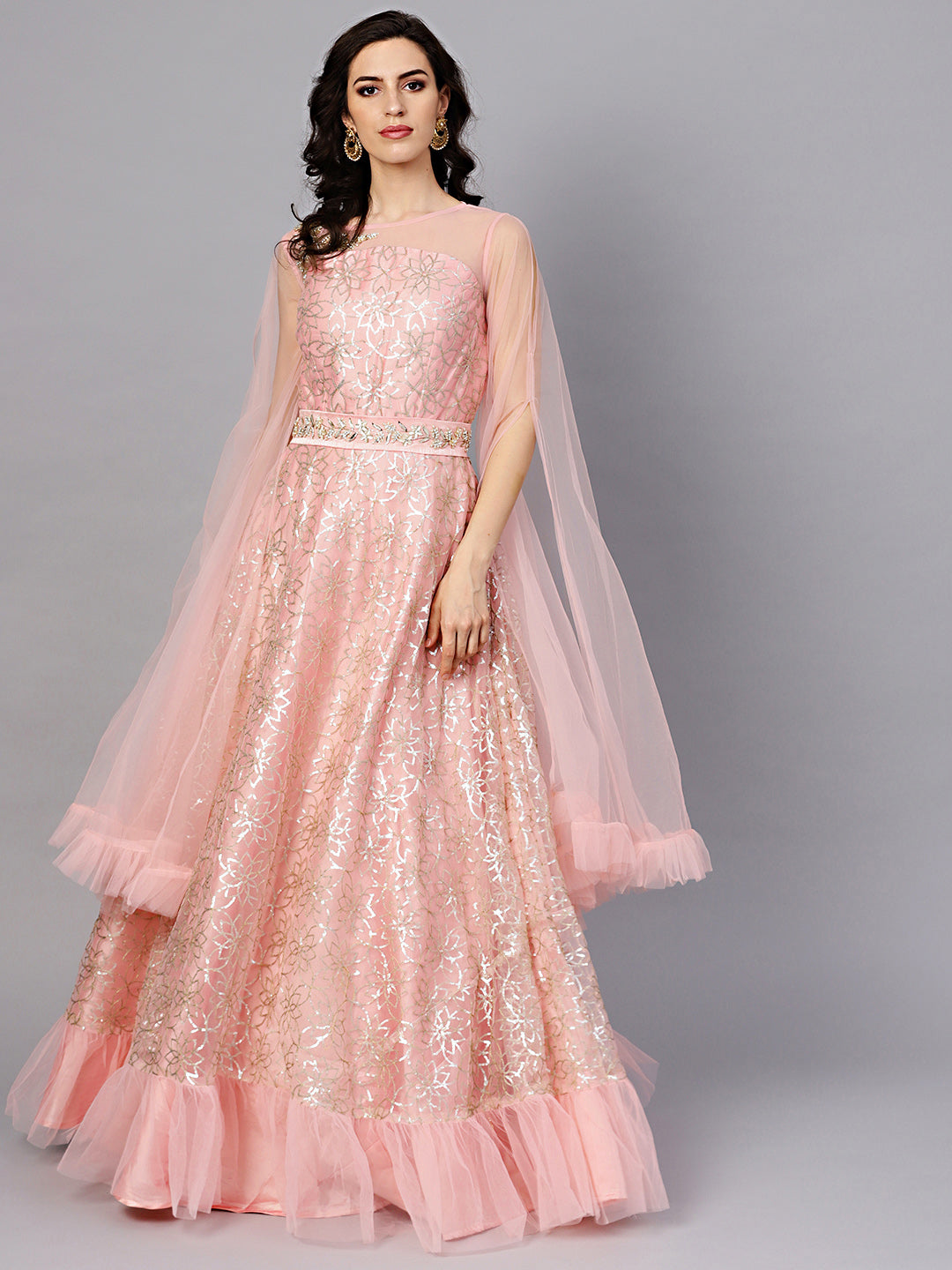 Chhabra 555 Pink Net Made to Measure Embroidered Gown With Flared Bell Sleeves and Belt