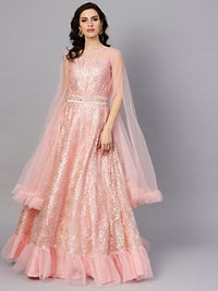 Chhabra 555 Pink Net Made to Measure Embroidered Gown With Flared Bell Sleeves and Belt