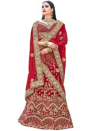 Red Velvet Zari Embroidery Semi Stitched Lehenga Choli With Net Dupatta