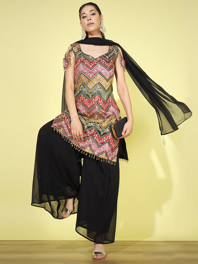 Chhabra 555 Made to Measure Black Kurta Palazzo Suit Set Embellished With Heavy Multi Color Resham & Zari Embroidery