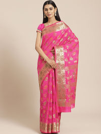 Chanderi Saree with Gold Zari & Resham Floral Meenakari Motifs & Lotus pattern in border