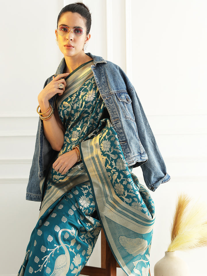Chhabra 555 Bright Traditional Banarasi Saree with Bold Zari Peacock Motifs