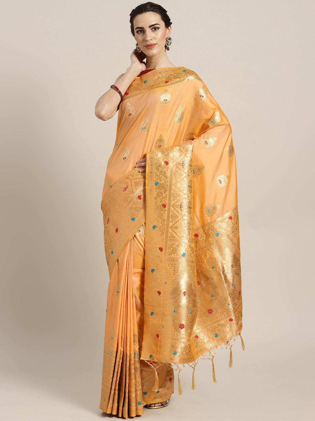 Chhabra 555 Gold Banarasi Handloom Silk Saree with Floral Meenakari pattern and Jhalar