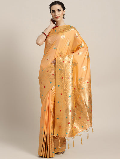 Chhabra 555 Gold Banarasi Handloom Silk Saree with Floral Meenakari pattern and Jhalar