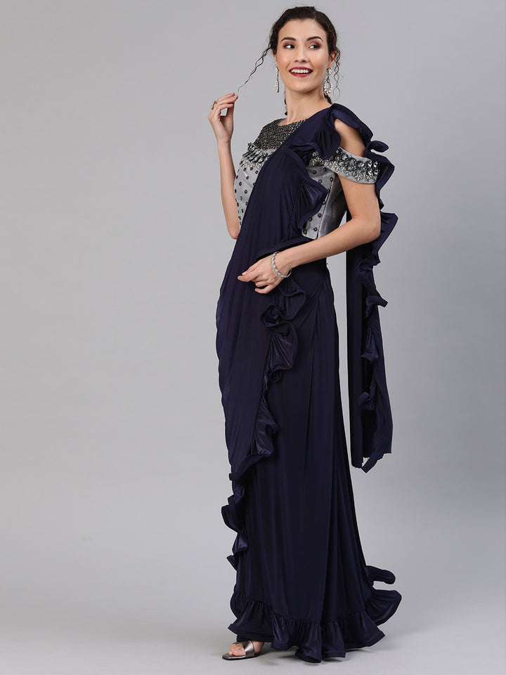 Ruffled Pre-Draped Lycra Cocktail Saree with Frills and Heavy Embellished Net Blouse