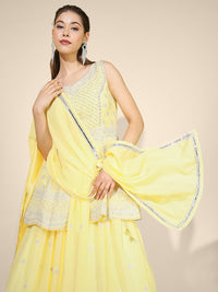 Chhabra 555 Lemon Yellow Zari & Zircon Embroidered Lehenga Set with Front Slit Peplum Style Kurta