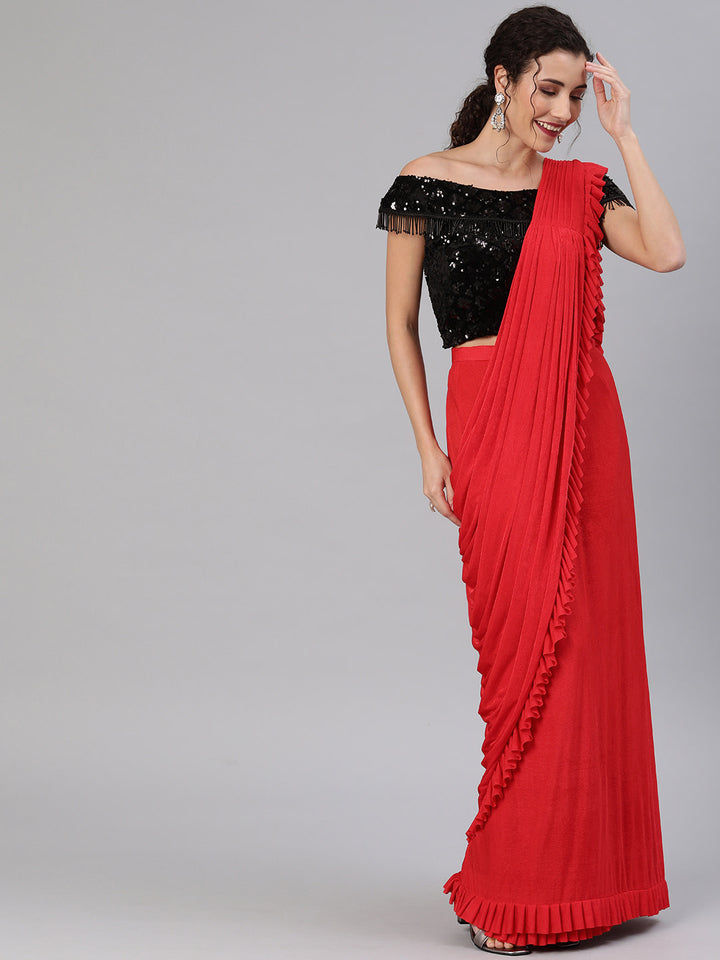 Red Ruffled Pre-Draped Lycra Saree with Frills and Off Shoulder Black Sequin Blouse