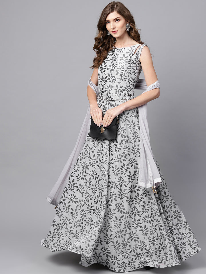 Chhabra 555 Made to Measure Grey Anarkali Kurta Gown with foil print and matching belt and dupatta