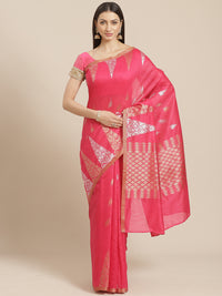 Chanderi Ikat Inspired Jute Slub Saree with Kanjivaram Temple Pattern in Zari