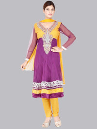Yellow & Purple Embellished Georgette Suit Set With Heavy Neckline