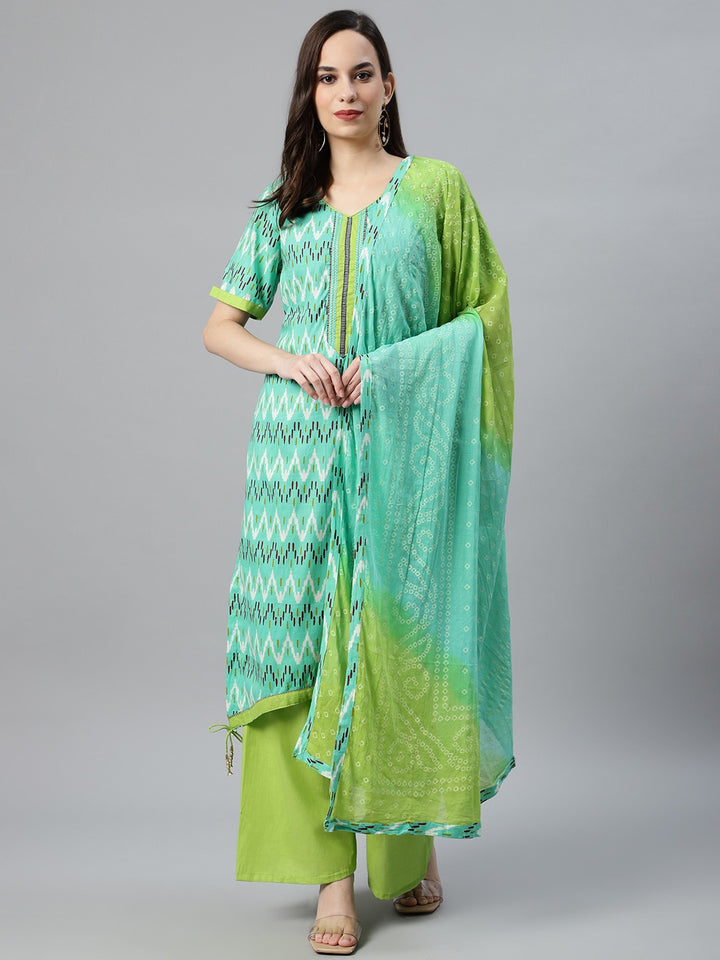 Cotton Ikat Kurta Pallazzo Set with Cotton Bandhej Dupatta, Tassels & Asymmetrical hem