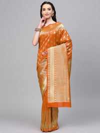 Orange Banarasi Handloom Silk Saree with intricate zari woven floral motifs