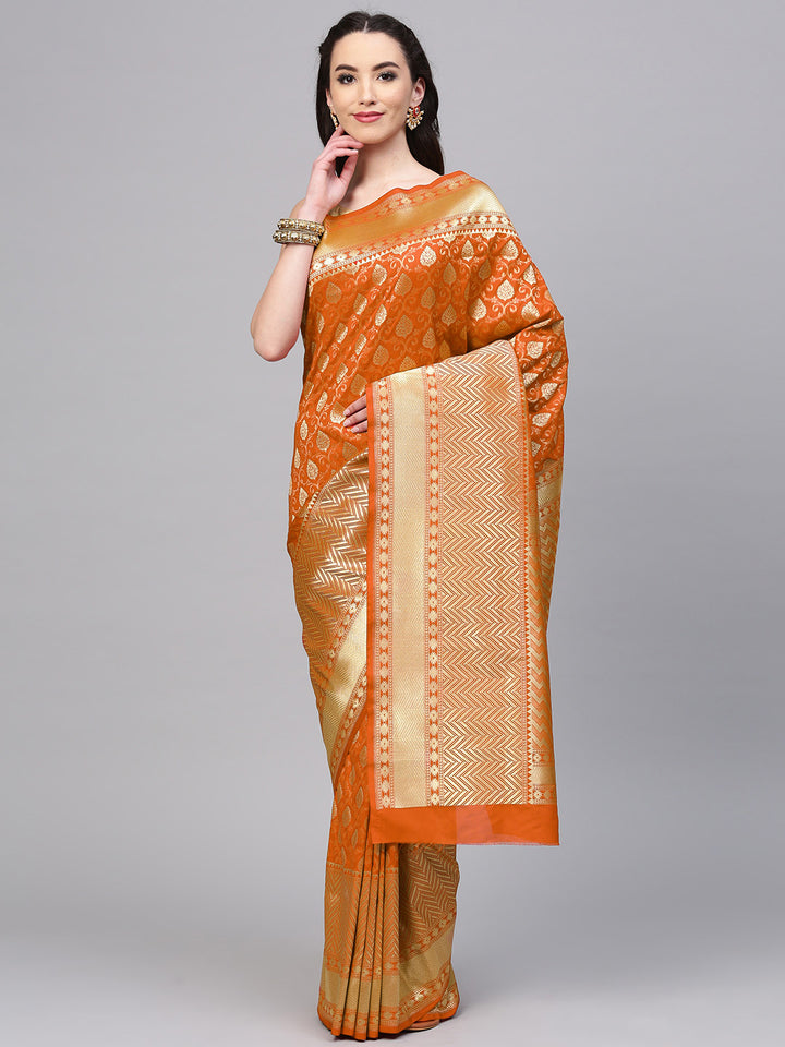 Orange Banarasi Handloom Silk Saree with intricate zari woven floral motifs