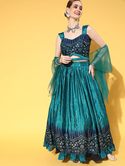 Chhabra 555 Made to Measure Blue Sequence Embroidered Ombre Dyed Ruffled Chinon Crepe Lehanga Set
