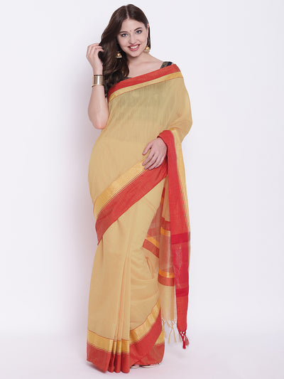 Chhabra 555 Beige Red Handloom Cotton Silk Saree with Contrast Gold Red Border and Tasseled edges