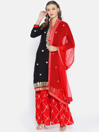 Chhabra 555 Black GotaPatti Embroidered Kurta with Red Sharara and Chiffon Dupatta  