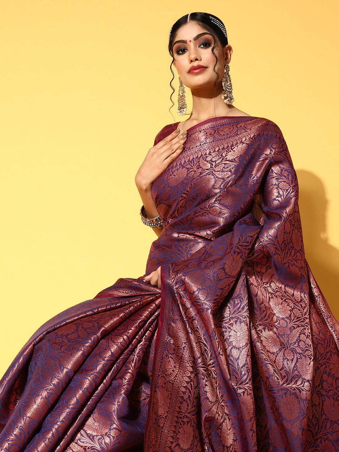 Chhabra 555 Deep Burgundy Oxidised Zari Handloom Traditional Banarasi Silk Saree With Floral Motifs 