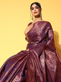 Chhabra 555 Deep Burgundy Oxidised Zari Handloom Traditional Banarasi Silk Saree With Floral Motifs 