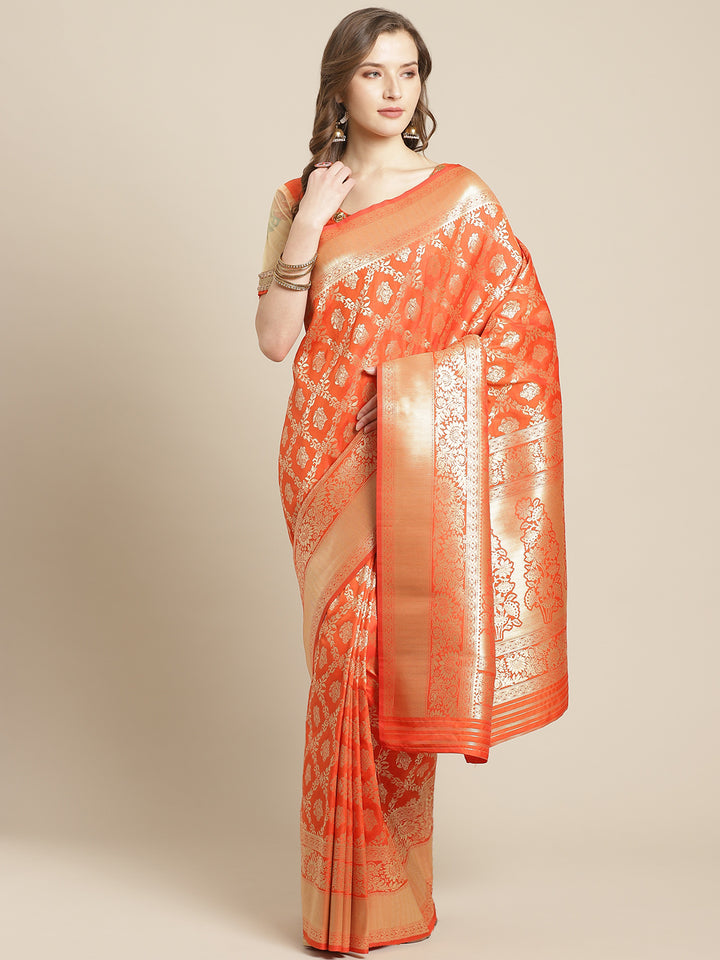 Banarasi Handloom Paisley Saree with Gold Zari Weaving in Gharchola Design & Heavy Pallu