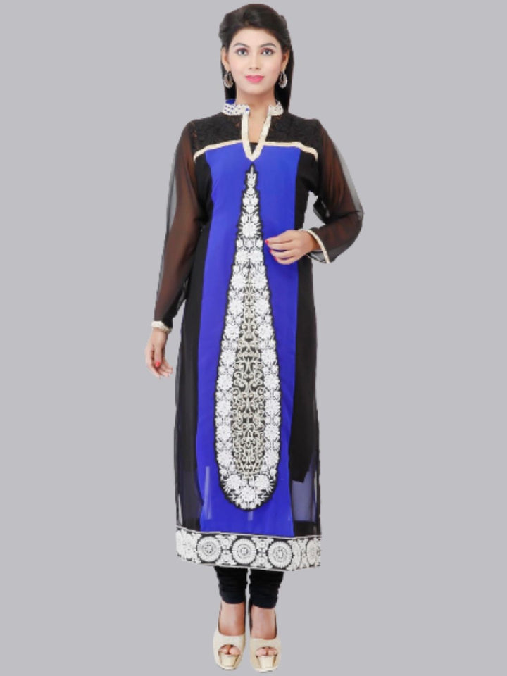 Black & Royal Blue Georgette Straight Patchwork Kurta