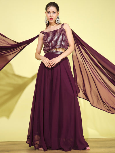 Chhabra 555 Made-to-Measure Burgundy Heavy Sequence Embellished Top With Long Cape Sleeves & Flared Palazzo Set