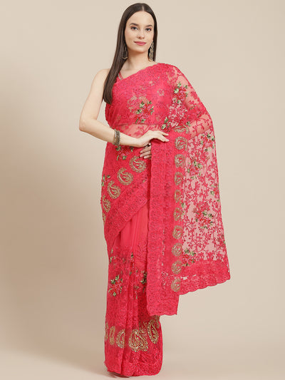 Chhabra 555 Coral Pink Stylish Floral Resham Embroidered Cutwork Scalloped Border Net Saree 