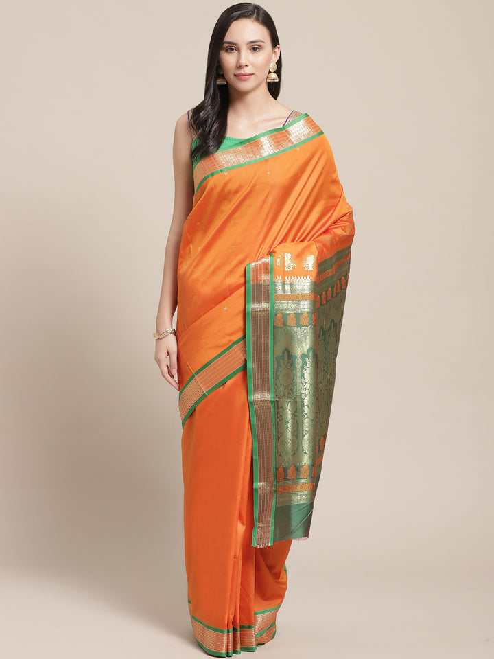 Kanjiwaram Dupion Silk saree with Zari Weaving Contrast Border and Rich Temple Pallu